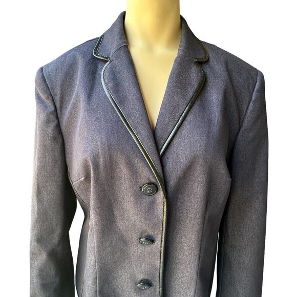 Evan Picone Jacket Denim Chambray Blue Blazer Faux Leather Trim Women's 12 VTG - Picture 2 of 11
